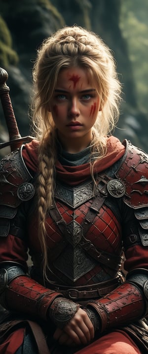 Hayao Miyazaki style ~ ((20 years old)) Scandinavian blonde female warrior sitting in a tabern, red armor, highly detailed and intricate, dynamic pose, more detail XL, tetradic colors, epic masterpiece, cinematic experience, 8k, dark fantasy digital art, sharp focus , detailed features, depth of field , chiarosaurio, ct-eujiiin