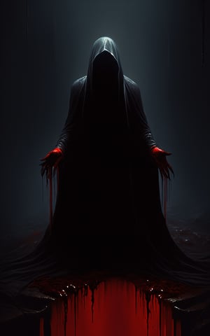 presence of death before his victims, blood dripping from his hands representing the corrupted souls he has captured, presence of red to emphasize the blood, agony and stress, purgatory scene, crawling aberrations,LegendDarkFantasy
