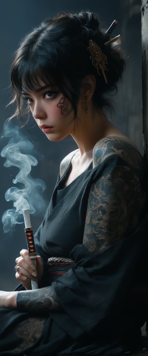 (heavenly beauty, angel by Nicola Samori), (masterpiece, best quality:1.4), (renaisance:1.2),1gi1girl, solo, short hair, bangs, black hair, hair ornament, red eyes, jewelry, sitting, weapon, earrings, japanese clothes, barefoot, sword, kimono, off shoulder, nail polish, tattoo, mask, katana, sheath, smoke, cigarette, sheathed, smoking, arm tattoo, oni maskdark theme, vivid color, masterpiece, best quality, amazing quality, very aesthetic, absurdres, depth of field, score_9, score_8, score_7, score_6,sexy girl
, bioluminescence, looking_at_viewer, detailed and beautiful eyes, tears
,ct-virtual