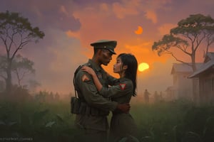 Highly detailed, High Quality, Masterpiece, An illustration, bestquality, best aesthetic, digital painting, ((oil painting)), (close-up upper body:1.5), [: a vietnan war concept art,Vietnamese girl bringing his hand closer to the face in a loving gesture to an american rude soldier ,in an abandoned leafy field with war fog], sunset, raw love scenne, greg rutkowski,DonMn1ghtm4reXL,aw0k euphoric style