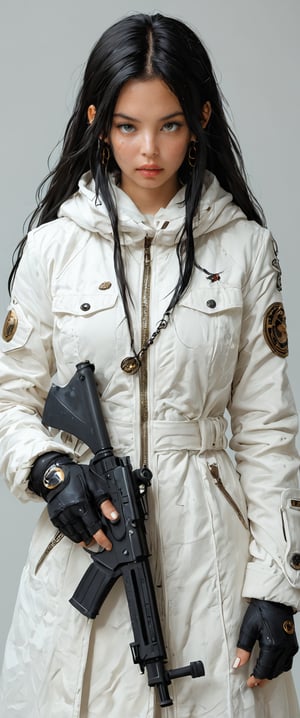 1girl, solo, long hair, looking at viewer, bangs, simple background, black hair, gloves, holding, jewelry, jacket, weapon, earrings, hood, fingerless gloves, holding weapon, see-through, gun, grey eyes, piercing, white jacket, ear piercing, holding gun, black nails, rifle