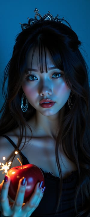 A cinematic close-up shot of a single girl with long, flowing hair and piercing blue eyes, gazing directly at the viewer. Dimly lit, the scene is bathed in misty, realistic lighting that accentuates her features. Her bangs frame her face as she holds a juicy red apple, its sparks catching the light. Chiaroscuro highlights the contours of her upper body, where she wears elegant earrings and a delicate crown. Freckles dance across her cheeks as her lips curve into a subtle smile. The blue background adds depth to the composition, with the dark tones creating a sense of mystery., ct-jissoo,ct-amantity