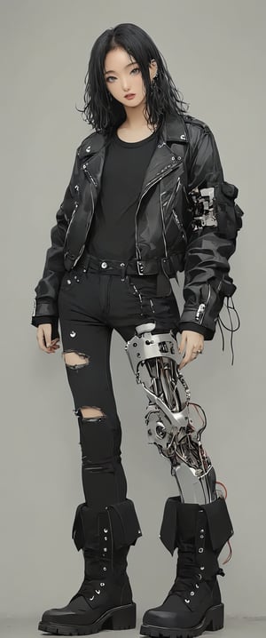 Art style by amano yoshitaka,  android Female with mechanical parts, mid-length black hair with red tips, dressed in black ripped jeans with a black t-shirt and a black leather jacket with chrome studs', and black boots,dal-1
