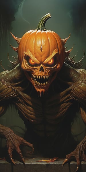 a pumpkin monster creature . Its body combines twisted metal with pulsating flesh. .  grotesque face , with metallic jaws, glowing eyes, and rows of sharp teeth . dark tense and unsettling atmosphere, wearing a cap .sending a postcard,.office, cap, reflections, full bodyblood,fear,  By renowned artists such as ,, Francis Bacon, . Resolution: 4k.,,aw0k euphoric style,HellAI,monster,JPO,fire