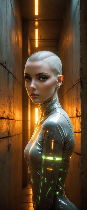 In a dimly lit, cyberpunk jail cell, a raw and edgy woman, 30 years old, with a shaved head  haircut, strikes a bold model pose amidst the stark concrete walls. Her orange-lit cybernanotech face glows with luminous implants, and her skin features a hologram tattoo designed by Mike Mingola (). The air is thick with absurdes tension as she gazes out with an intensity that's both bad and mesmerizing.