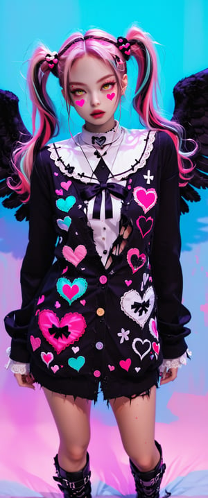 A powerful nun in a volumetric and chiaroscuro lit setting, posing confidently in vibrant Harajuku street wear. She wears a distressed pastel dress with lace, an oversized torn cardigan, and chunky Combat boots. Her pastel- streaked pigtails are adorned with bows and clips, and her makeup features glitter and heart-shaped stickers. She stands amidst a backdrop of darkness and light, her black and white wings spread wide, as she gazes directly at the viewer through her yellow eyes.