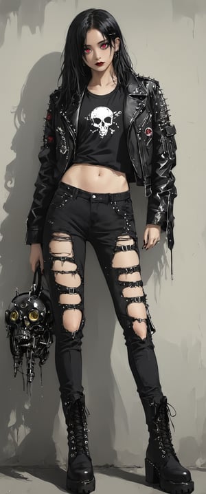 Art style by amano yoshitaka,  android Female with mechanical parts, mid-length black hair with red tips, dressed in black ripped jeans with a black t-shirt and a black leather jacket with chrome studs', and black boots,dal-1
,toxic_vision