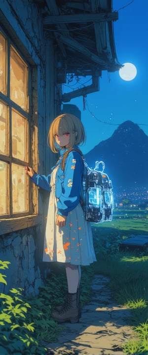 a medium-sized anime girl stands in front of a window(night). She is wearing a light-colored dress, adorned with a floral pattern, and a pair of brown boots with laces on them. Her hair is short, cascades over her shoulders, adding a touch of warmth to the scene. The girl's dress is adorned with small orange stars and a blue shirt with a white design on it, she is wearing a luminiscent and transparent cristal backpack,glowing. She stands on a concrete sidewalk, her left leg is crossed, and her right leg is slightly bent at the elbow. Her left foot is crossed at the knee, while her right foot is straight at the bottom. The backdrop is a vast expanse of grass, with a mountain in the distance. The sky is a deep blue, and the moon is setting, creating a soft glow.