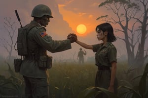 Highly detailed, High Quality, Masterpiece, An illustration, bestquality, best aesthetic, digital painting, ((oil painting)), (close-up upper body:1.5), [: a vietnan war concept art,Vietnamese girl bringing his hand closer to the face in a loving gesture to an american rude soldier ,in an abandoned leafy field with war fog], sunset, raw love scenne, greg rutkowski,DonMn1ghtm4reXL,aw0k euphoric style