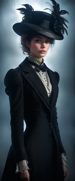 a humanoid Victorian lady., in a foggy 1900's angst,

black tailcoat,

black hat,

full-length, 

digital graphics, 

great composition, 

sharp focus, 

very high quality and sharpness, 

beautiful play of light and shadow, 

super high detail, 

hyper-realistic, Mysterious