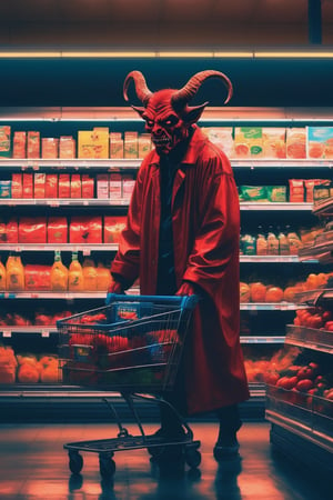  a demon doing the last shopping in the supermarket,. dark tense and unsettling atmosphere.walmart,.,, reflections, , groceries,fear,  By renowned artists such as ,, Francis Bacon, . Resolution: 4k.,,aw0k euphoric style