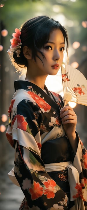 1girl, solo, looking at viewer, short hair, bangs, black hair, hair ornament, long sleeves, holding, brown eyes, closed mouth, standing, flower, sidelocks, cowboy shot, outdoors, parted lips, japanese clothes, day, hair flower, wide sleeves, kimono, blurry, from side, lips, looking to the side, sash, depth of field, blurry background, obi, floral print, bug, fire, red flower, butterfly, hand fan, backlighting, arm at side, yukata, print kimono, holding fan, black kimono, paper fan, 1girl, solo, looking at viewer, short hair, bangs, black hair, hair ornament, long sleeves, holding, brown eyes, closed mouth, standing, flower, sidelocks, cowboy shot, outdoors, parted lips, japanese clothes, day, hair flower, wide sleeves, kimono, blurry, from side, lips, looking to the side, sash, depth of field, blurry background, obi, floral print, bug, fire, red flower, butterfly, hand fan, backlighting, arm at side, yukata, print kimono, holding fan, black kimono, paper fan, cherry_blossom



,more detail XL