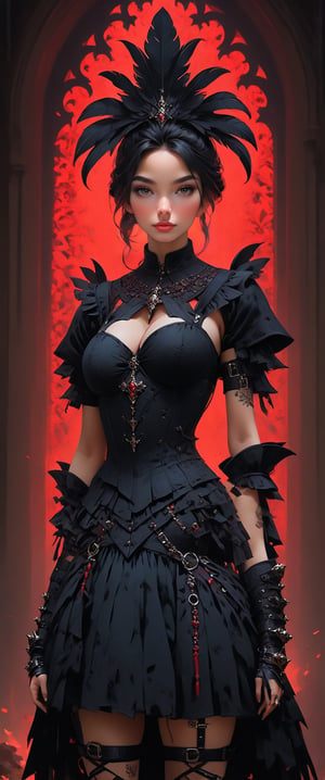 Dark evil, masterpeace, realistic,((masterpiece, best quality, extremely detailed, intricately detailed, photo-realistic, volumetric lighting, absurdres, 8k, chiaroscuro lighting), (black accents, kardiaofrhode, short_skirt),, [plume], gauntlets, thighhighs, ((breastplate, cute_pose)), hall background, wide hips, red trim, shinobitech, ,masterpiece
)),tense atmosphere,bone throne,dark evil envoirement, gothic throne hall,  jagged edges, eye-catching detail, insanely intricate, vibrant light and shadow, beauty, textured, captivating, style of oil painting, modern ink, brush strokes, negative white space,InkyCapWitchyHat,coprinus_comatus,ct-niji2,sooyaaa