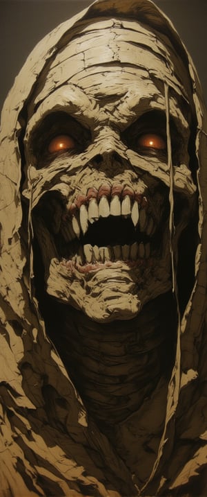 A drawing of a mummy's face, wrapped in ancient papyrus bandages, gazes directly at the camera with an angry, scowling expression. The intricately detailed features are illuminated by strong overhead lighting, accentuating fine textures and deepening contrasting shadows. The subject's focus is intense, with sharp highlights on the left side of their face. No noise or distractions in this high-resolution (2k) image, inviting the viewer to confront the mummy's piercing stare.