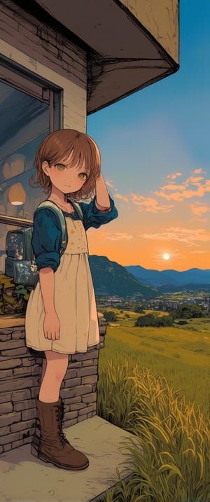 a medium-sized cartoon girl stands in front of a window. She is wearing a light-colored dress, adorned with a floral pattern, and a pair of brown boots with laces on them. Her hair is short, cascades over her shoulders, adding a touch of warmth to the scene. The girl's dress is adorned with small orange stars and a blue shirt with a white design on it, she is wearing a luminiscent and transparent cristal backpack,glowing. She stands on a concrete sidewalk, her left leg is crossed, and her right leg is slightly bent at the elbow. Her left foot is crossed at the knee, while her right foot is straight at the bottom. The backdrop is a vast expanse of grass, with a mountain in the distance. The sky is a deep blue, and the sun is setting, creating a soft glow.