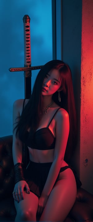 A masterpiece of photorealistic art, reminiscent of Luis Royo's works. A stunning Korean beauty model sits solo on a sleek couch, her long black hair flowing down like a waterfall. Her face beams with an angelic glow, her bright red eyes locking onto the viewer. She wears a pleated skirt and thigh strap, accentuating her toned physique. A katana planted firmly into a pillar behind her seems almost forgotten amidst her sultry allure. The dark moody atmosphere is illuminated by neon lights, casting an otherworldly glow. Her pale skin and black nails are highlighted against the foggy background, as she poses seductively with one hand on her hip, wearing high-quality jewelry and a mysterious smile. The sword behind her features the letters CTMAKER etched into its blade, adding a touch of mystique to this cinematic masterpiece.