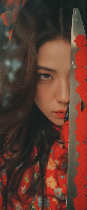 A cinematic still: a lone woman, dressed in traditional Japanese attire, stands confidently with a crimson-lipped gaze directed at the viewer. Framed by a blurred background, her striking figure dominates the composition. Chestnut-brown hair cascades down her back like a waterfall, while piercing brown eyes seem to bore into the soul. In her right hand, she holds a majestic katana, its blade glinting in dramatic cinematic lighting that casts shadows across her face. A floral print kimono billows around her legs, exuding an air of poised intensity as if ready to charge into battle., ct-jissoo