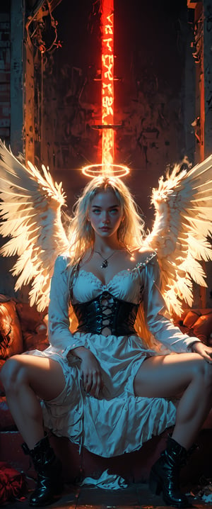 1girl, solo, long hair, looking at viewer, blue eyes, long sleeves, dress, holding, sitting,on_couch,spread legs, pelvis curtain, full body, white hair, , boots, wings,naked legs , black footwear, red dress, grey eyes, ,  glowing halo,  glowing feathered wings, corset, angel wings, angel, pillar, huge katana, planted katana, glowing katana, indoors,luminiscent, glowing in the dark, glowing halo, neon wings, ciberpunk, cyberpunk envoirement, neon lights, neon ads