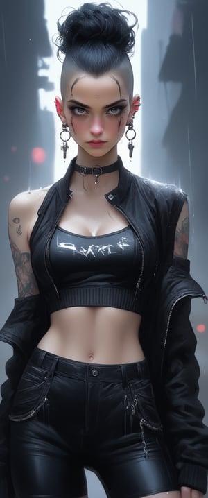 vampire,(((gothic style))), (emo white skin), (punk, half shaved head, undercut, earrings, black lips, colorful makeup, g-string:1.3), (studded leather:1.1), (4k, high definition, detailed:1.2), black bra,solo, (black hair:1.2), (extrem pale skin, birthmarks, freckles:1.2), (sci-fi, cyberpunk:1.2), (grey eyes:1.2), tattoos. (curvy, wide hips), (), (leather shorts:1.2), (black:1.1), (futuristic suit:1.1), cyber punk scene background. ((((wet, sweat))))., , ,sooyaaa, , , 

