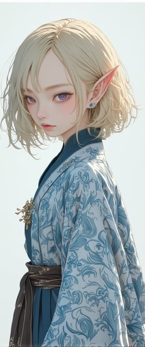 This is a digital drawing in a stylized, anime-inspired art style. The subject is a young elf-like character with a pale, slender face and pointed ears. The character has shoulder-length, messy, light blonde hair with a slight fringe covering one eye. Their skin is fair, and they have large, expressive purple eyes. They wear a traditional, flowing robe in shades of blue and white, adorned with intricate, swirling patterns in a light blue color.