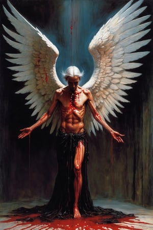 A chilling depiction of a menacing fallen angel  in a dark and atmospheric setting, with blood dripping from its wings. The artwork should be highly detailed and realistic, utilizing dynamic lighting and shadows to enhance the horror element. The color palette should be dark and moody, with hints of red to emphasize the presence of blood. By renowned artists such as H.R. Giger, Zdzisław Beksiński, and Brom. Resolution: 4k.,,aw0k euphoric style,EpicSky,P1980,xxmixgirl