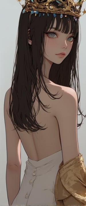 This image is a digital drawing in a highly detailed, realistic anime style. The subject is a young woman with a slender, athletic build and fair skin, likely of East Asian descent. She has long, dark hair cascading down her back and piercing blue eyes with a serious, slightly melancholic expression. She is adorned with a golden crown adorned with small, glowing stars, suggesting a regal or fantastical theme.