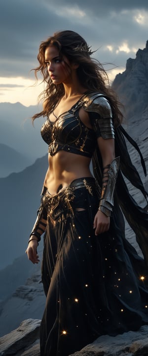 A majestic tableau unfolds: a lone female warrior stands atop a cloudy mountain peak, her long brown hair flowing down her back like a river of gold. She holds dual weapons, sword and dagger, their bioluminescent accents aglow like stars in the dark. Her armor and cape billow dramatically around her, highlighting her toned midriff and navel as she stands tall. The subtle curve of her breasts beneath her cuirass hints at a beauty both fierce and delicate. Her eyes, detailed and beautiful, meet the viewer's gaze with confidence and strength, as if challenging all to approach.