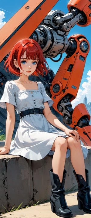 1girl, solo, looking at viewer, short hair, bangs, blue eyes, dress, sitting, closed mouth, collarbone, short sleeves, red hair, boots, outdoors, sky, black footwear, white dress, mechanical legs,anime