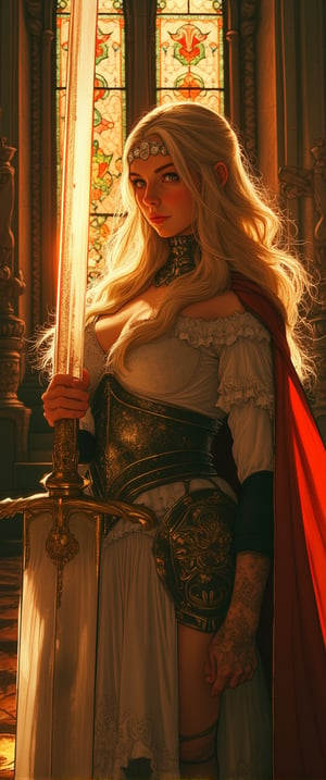  In a majestic throne room, Princess Knight stands tall, her radiant golden hair shining under a warm, stained glass glow. Soft, ethereal light illuminates the delicate tiara on her flowing locks as she grasps the colossal, crystal sword emitting a luminous aura. Her ornate plate mail and frilly dress harmonize strength with femininity, while the billowing cape adds drama to her heroic stance against the warm, depth-rich stained glass windows in the background, where intricate details shimmer under the soft light.,ct-blondie..,ct-identityV2,ct-colority,ct-sensanime,ct-bustyy2,ct-chainb,ct-fititty,ct-leetity,ct-blondie