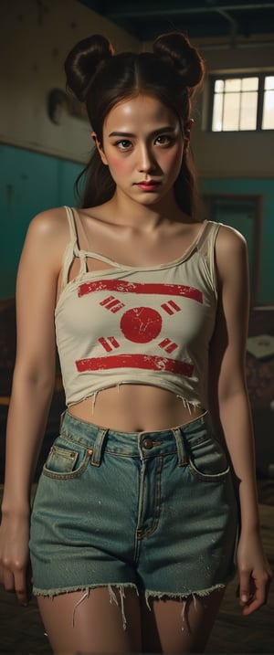 Close-up shot of a brunette woman with pale skin and athletic build, standing amidst a gritty, rundown room. Her punk-inspired outfit features a torn white crop top with the koean flag design, revealing her midriff. The pigtails are styled high on either side of her head, framing her determined expression. Harsh lighting casts deep shadows, accentuating the worn walls and decaying furniture in the background.