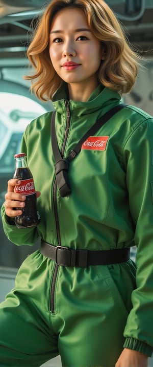 masterpiece, Movie Still, Film Still, Cinematic, Cinematic Shot, (RAW photo, 8k uhd, Analog style, Masterpiece, Best Quality, Highres:1.4), (dramatic, cinematic:1.2), BREAK, movie shot of (brutal:1.1)  woman with blond curly hair, sporting a green spacesuit, warmly smiles as she holds a bottle of Coca-Cola in her hand. She is depicted against the backdrop of a spaceship interior, enhancing the overall sci-fi feel of the illustration."CTMAKER" badge , ,,ct-virtual,ct-virtual_v2,ct-visual,ct-sensual-v2