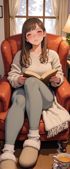 In the serene watercolor illustration Serene Reverie, Chia lounges in her cozy armchair, surrounded by warm colors and textures. She wears a soft knit sweater and snug leggings, her feet clad in wool socks and fluffy slippers. A soft blanket drapes over her lap, cocooning her in security. Her expression reflects quiet contentment as she holds an open book, on the brink of slumber. The room is bathed in gentle lighting, with a steaming cup of tea nearby, inviting the viewer to immerse themselves in Chia's reverie.