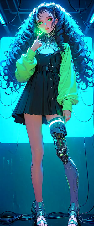 In a dimly lit, smoky cyberpunk nightclub, a cyborg girl stands out with her striking features. Her long, curly hair and piercing green eyes seem almost otherworldly as she flashes a finger heart symbol towards the camera. The strobe lights above cast an eerie glow on her metallic limbs, highlighting the intricate circuitry and wires beneath her smooth skin.