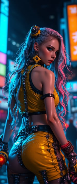 Here's a high-quality, coherent SD prompt based on the input: A close-up shot of a automata woman ' in her a cyberpunkpunk attire,mechanical joints, mechanical parts, wires,joints captured in ultra-high definition. She stands confidently, baseball bat held aloft, with vibrant hair styled in alternating blue, pink, and yellow hues. Her face is a masterpiece of dark makeup, featuring heavy eyeliner, red lipstick, . Sharp focus on her intense eyes, with a deep depth of field , . The background is a dark urban landscape with a blue-purple hue, contrasting strikingly with her colorful outfit. High-contrast lighting creates a cinematic atmosphere, with atmospheric shadows adding to the moody tone. Professional photography and 32K UHD resolution deliver photorealistic details, vivid colors, and high dynamic range. A truly impactful and visually stunning image, perfect for an action-packed movie poster.