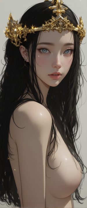 This image is a digital drawing in a highly detailed, realistic anime style. The subject is a young woman with a slender, athletic build and fair skin, likely of East Asian descent. She has long, dark hair cascading down her back and piercing blue eyes with a serious, slightly melancholic expression. She is adorned with a golden crown adorned with small, glowing stars, suggesting a regal or fantastical theme.