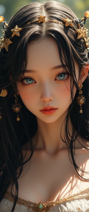 This image is a digital drawing in a highly detailed, realistic anime style. The subject is a young woman with a slender, athletic build and fair skin, likely of East Asian descent. She has long, dark hair cascading down her back and piercing blue eyes with a serious, slightly melancholic expression. She is adorned with a golden crown adorned with small, glowing stars, suggesting a regal or fantastical theme.