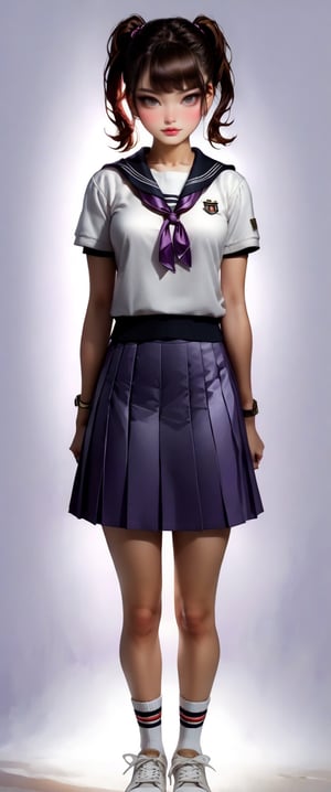 (best quality), ((masterpiece)), (highres), illustration, original, extremely detailed, (二次元大系·御姐篇_V1.0:0.7)zlqs, 1girl, skirt, solo, shoes, full body, white background, school uniform, brown hair, black skirt, simple background, smile, looking at viewer, jewelry, pleated skirt, clothes around waist, short sleeves, breasts, standing, sneakers, white shirt, bracelet, ponytail, shirt, serafuku, neckerchief, sailor collar, bangs, large breasts, socks, purple eyes, jacket, closed mouth, black sailor collar, sweater ,Realism,,,