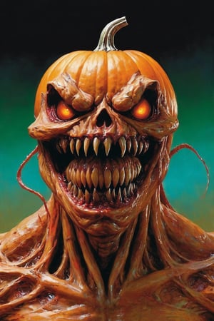  a biomechanical pumking monster creature . Its body combines twisted metal with pulsating flesh. .  grotesque face , with metallic jaws, glowing eyes, and rows of sharp teeth . dark tense and unsettling atmosphere, wearing a cap .sending a postcard,.office, cap, reflections, full bodyblood,fear,  By renowned artists such as ,, Francis Bacon, . Resolution: 4k.,,aw0k euphoric style,HellAI,monster,JPO