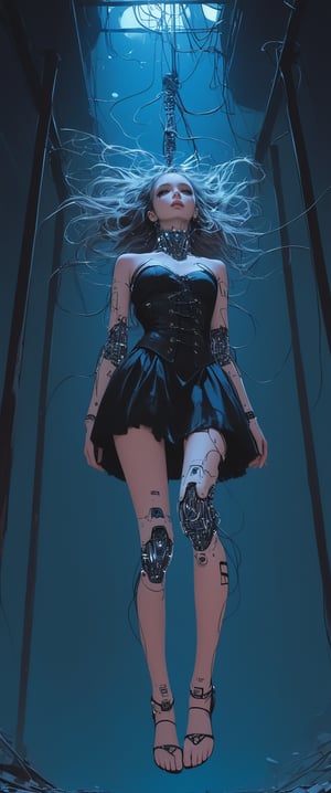 In a dystopian, abandoned warehouse, a cyborg girl sex doll hangs precariously from a rickety metal framework, her bold, broken body suspended in mid-air. The harsh, dark atmosphere is illuminated only by the faint glow of CT-virtual interfaces, casting an eerie light on the desolate scene. Her cybernetic limbs appear raw and exposed, as if struggling to break free from the worn leather corset that holds her captive. L4rg33y3s graffiti scrawls across the walls, a defiant declaration in this forsaken landscape.