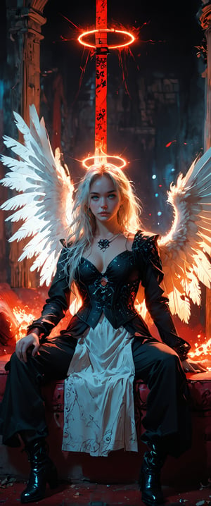 1girl, solo, long hair, looking at viewer, blue eyes, long sleeves, dress, holding, sitting,on_couch,spread legs, pelvis curtain, full body, white hair, , boots, wings, , black footwear, red dress, grey eyes, ,  glowing halo,  glowing feathered wings, corset, angel wings, angel, pillar, huge katana, planted katana, glowing katana, indoors,luminiscent, glowing in the dark, glowing halo, neon wings, ciberpunk, cyberpunk envoirement, neon lights, neon ads