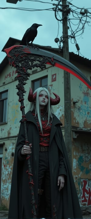 
    A hauntingly beautiful scene unfolds before us: a woman (( half-demon woman with striking features: red eyes, white hair, and double red horns on a mature face, donning elf ears. She is posing with a sly smile, holding the reaper scythe)) and a dramatic black coat stands resolute in front of a decrepit building, its weathered walls adorned with vibrant graffiti. The atmosphere is somber, lit by the diffused light of a cloudy day. To her left, a black raven surveys its surroundings from atop a utility pole, as if observing the woman's solemn posture. The muted blue sky and smoggy haze add depth to the composition, while the rustic charm of the graffiti-covered building provides a poignant contrast to the woman's somber demeanor.,n30nfilm,ct-physmstyle,flmft photo style,Kodak Vision3 500T analog film stocks style,Polaroidx,detailerlora,ek_an1_b00ster,ct-skyzo_identity,ct-anitity