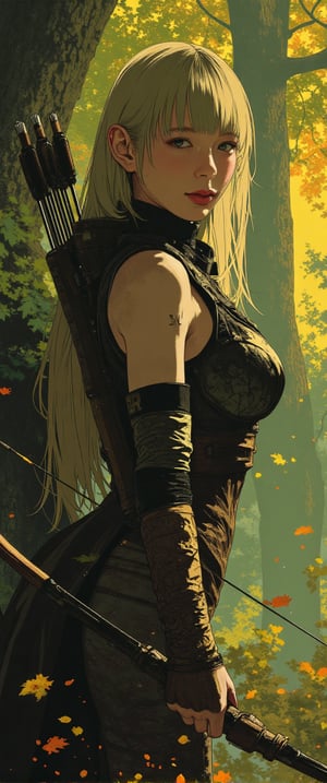 fantasy stylized illustration, elven female archer, profile view, full body shot, masterpiece, high detail, cinematic composition, dramatic lighting character details: elven woman, long blonde hair flowing in wind, pointed ears, serious and focused expression, eyes fixed on target, anime, cyberpunk, ne0nfant4sy, Anime style. pose: archer in full draw position, bow pulled back, arms taut, body angled for perfect form armor: light leather armor with leaf motifs, form-fitting for mobility, arm guards on wrists, quiver on back weapon: ornate wooden longbow, intricately carved with elven designs environment: dense forest backdrop, dappled sunlight filtering through leaves, autumn colors, falling leaves in foreground lighting: golden hour sunlight, rays piercing through trees, creating a magical atmosphere mood: tense, alert, ready for action style: highly detailed digital painting, realistic fantasy, vibrant autumn colors additional elements: leaves and particles floating in air, lens flare effects, subtle magical aura around the archer, intricate elven patterns on armor and bow composition: character positioned on left third of frame, arrow pointing towards right side, creating dynamic tension,ct-rosity,ct-chainb