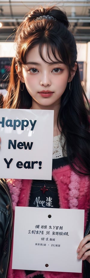 1girl,holding large white sign with legible text printed:<HAPPY><NEW><YEAR><2024>,BREAK,m_kayoung,songjia