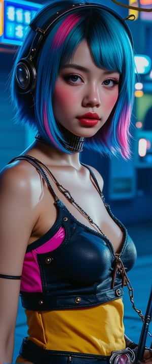 Here's a high-quality, coherent SD prompt based on the input: A close-up shot of a automata woman ' in her a cyberpunkpunk attire,mechanical joints, mechanical parts, wires,joints captured in ultra-high definition. She stands confidently, baseball bat held aloft, with vibrant hair styled in alternating blue, pink, and yellow hues. Her face is a masterpiece of dark makeup, featuring heavy eyeliner, red lipstick, . Sharp focus on her intense eyes, with a deep depth of field , . The background is a dark urban landscape with a blue-purple hue, contrasting strikingly with her colorful outfit. High-contrast lighting creates a cinematic atmosphere, with atmospheric shadows adding to the moody tone. Professional photography and 32K UHD resolution deliver photorealistic details, vivid colors, and high dynamic range. A truly impactful and visually stunning image, perfect for an action-packed movie poster.,ct-bratz,ct-prettienime2