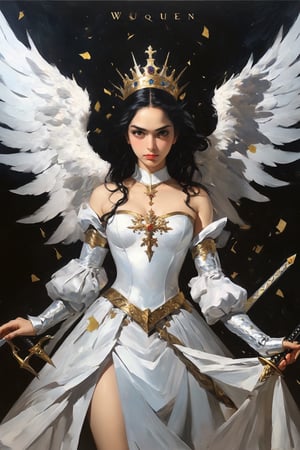 Realist portrait of Queen, beautiful face, cool vibes, goddess of genesis, masterpiece, painting darkly comedic precisionist, goddesscore armor, queen of sword, latex uniform, epic, ((Large Angle Wings)), aw0k magnstyle, danknis, sooyaaa, Anime , IMGFIX, niji style,sooyaaa,dlwlrma,IMGFIX