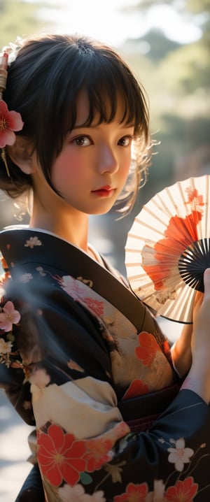 1girl, solo, looking at viewer, short hair, bangs, black hair, hair ornament, long sleeves, holding, brown eyes, closed mouth, standing, flower, sidelocks, cowboy shot, outdoors, parted lips, japanese clothes, day, hair flower, wide sleeves, kimono, blurry, from side, lips, looking to the side, sash, depth of field, blurry background, obi, floral print, bug, fire, red flower, butterfly, hand fan, backlighting, arm at side, yukata, print kimono, holding fan, black kimono, paper fan, 1girl, solo, looking at viewer, short hair, bangs, black hair, hair ornament, long sleeves, holding, brown eyes, closed mouth, standing, flower, sidelocks, cowboy shot, outdoors, parted lips, japanese clothes, day, hair flower, wide sleeves, kimono, blurry, from side, lips, looking to the side, sash, depth of field, blurry background, obi, floral print, bug, fire, red flower, butterfly, hand fan, backlighting, arm at side, yukata, print kimono, holding fan, black kimono, paper fan, cherry_blossom



,more detail XL, ct-eujiiin, ct-fujiii