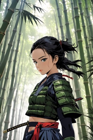 poster of a sexy woman  [samurai]  in a  [bambu forest ], midnight , eye angle view, designed by mike mingola,aw0k nsfwfactory,aw0k magnstyle,danknis,sooyaaa,Anime 