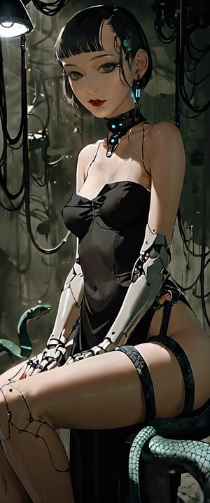 In a dimly lit, smoky cyberpunk club, a femme fatale cyborg sits solo, her mechanical joints gleaming in the flickering light. Her striking features, framed by short hair and bangs, are adorned with jewelry and a black choker. A cigarette dangles from her lips as she pets a snake that gazes directly at the viewer. She wears a revealing seethrough kimono, paired with Japanese-style earrings, and holds a katana surrounded by the dark, gritty atmosphere. Her gaze is sultry, exuding an air of sexy sophistication, as if inviting the viewer to enter her world. The scene is set in a Conrad Roset-inspired style, with a focus on dark, muted tones and industrial textures.,core_9,scary, (masterpiece:1.2),schpicy style,middle finguer