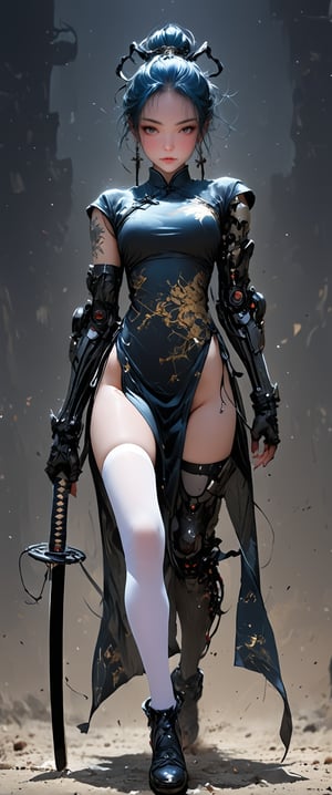 1girl, solo, breasts, looking at viewer, short hair, black hair, thighhighs, gloves, dress, holding, medium breasts, green eyes, blue hair, standing, full body, weapon, earrings, elbow gloves, dark skin, holding weapon, white thighhighs, dark-skinned female, katana, tattoo, chinese clothes, holding katana, china dress, pelvic curtain, huge katana

 real,realistic,real_life,chiarosaurio,dal-27,dal-1,ct-virtual