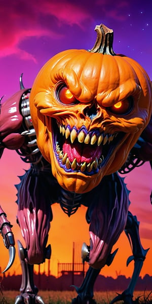  a biomechanical pumpkin monster creature . Its body combines twisted metal with pulsating flesh. .  grotesque face , with metallic jaws, glowing eyes, and rows of sharp teeth . dark tense and unsettling atmosphere, wearing a cap .sending a postcard,.office, cap, reflections, full body, blood,fear,  By renowned artists such as ,, Francis Bacon, . Resolution: 4k.,,aw0k euphoric style,HellAI,monster,JPO,IMGFIX,biopunk style